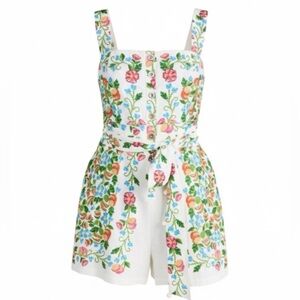Farm Rio Tropical Romance Tie-belt Romper In Off White